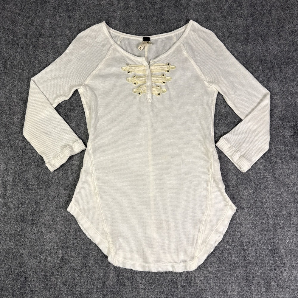We The Free People L Ivory Battalion Thermal Top Military Embroidered Waffle